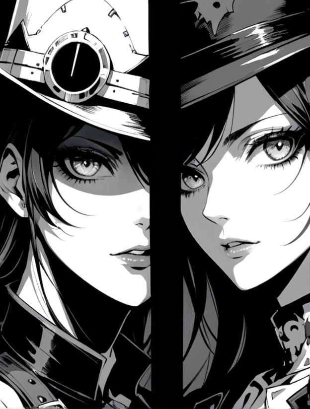 in style of ashley wood,in style of Alex Hirsch,in style of American McGee
(cowboy shot:1.5),Face to face left half dark angle and right half Daemon in big capital letters, 2 sides of theimage, mirrored realms,close-up intensity, captivating gaze, black and white
