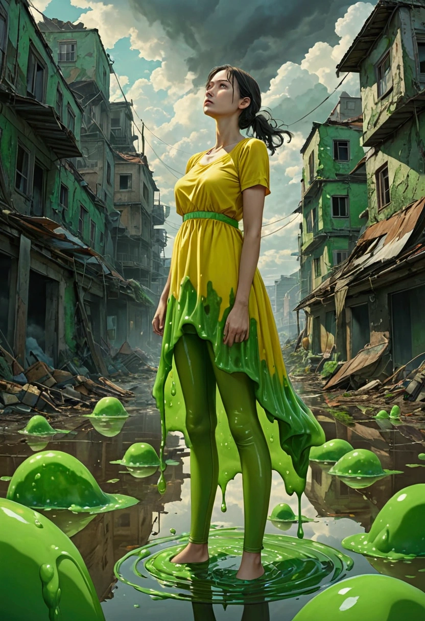 After the end of the world，Everything melted into goo, Mucous substance, Low Angle Shot, A woman stands in the foreground. Her bright yellow-green dress, Plastic green top, Slimy green plastic leggings, Gelatinous. The landscape behind her is a mixture of half-melted buildings and twisted remnants of civilization., They are all dripping with the same sticky mucus. The sky is covered with dark clouds，Epoly，A hint of green, Reflecting the mucus below. The woman&#39;s expression is full of determination and resilience, In stark contrast to surrealism