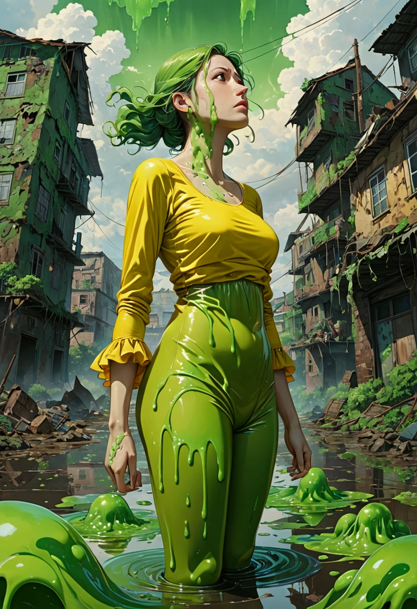 After the end of the world，Everything melted into goo, Mucous substance, Low Angle Shot, A woman stands in the foreground. Her bright yellow-green dress, Plastic green top, Slimy green plastic leggings, Gelatinous. The landscape behind her is a mixture of half-melted buildings and twisted remnants of civilization., They are all dripping with the same sticky mucus. The sky is covered with dark clouds，Epoly，A hint of green, Reflecting the mucus below. The woman&#39;s expression is full of determination and resilience, In stark contrast to surrealism