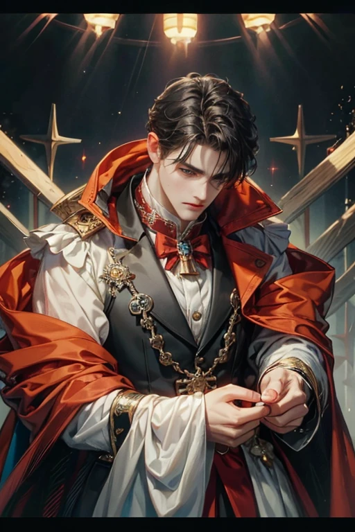 masterpiece, 最high quality, high quality, 1 boy, alone, Male focus, Watching the audience,  Messy black hair, Adorable big blue eyes, White, Noble, Noble,A black and red cape that is bursting with sexy volume、Tuxedo、A very voluminous, large, very large, very large, long, long red and black cape with a high stand-up collar, made of a lot of fabric that reaches down to the floor., 17 years old,Cute beautiful boys,Cute, cute, kind, handsome guy