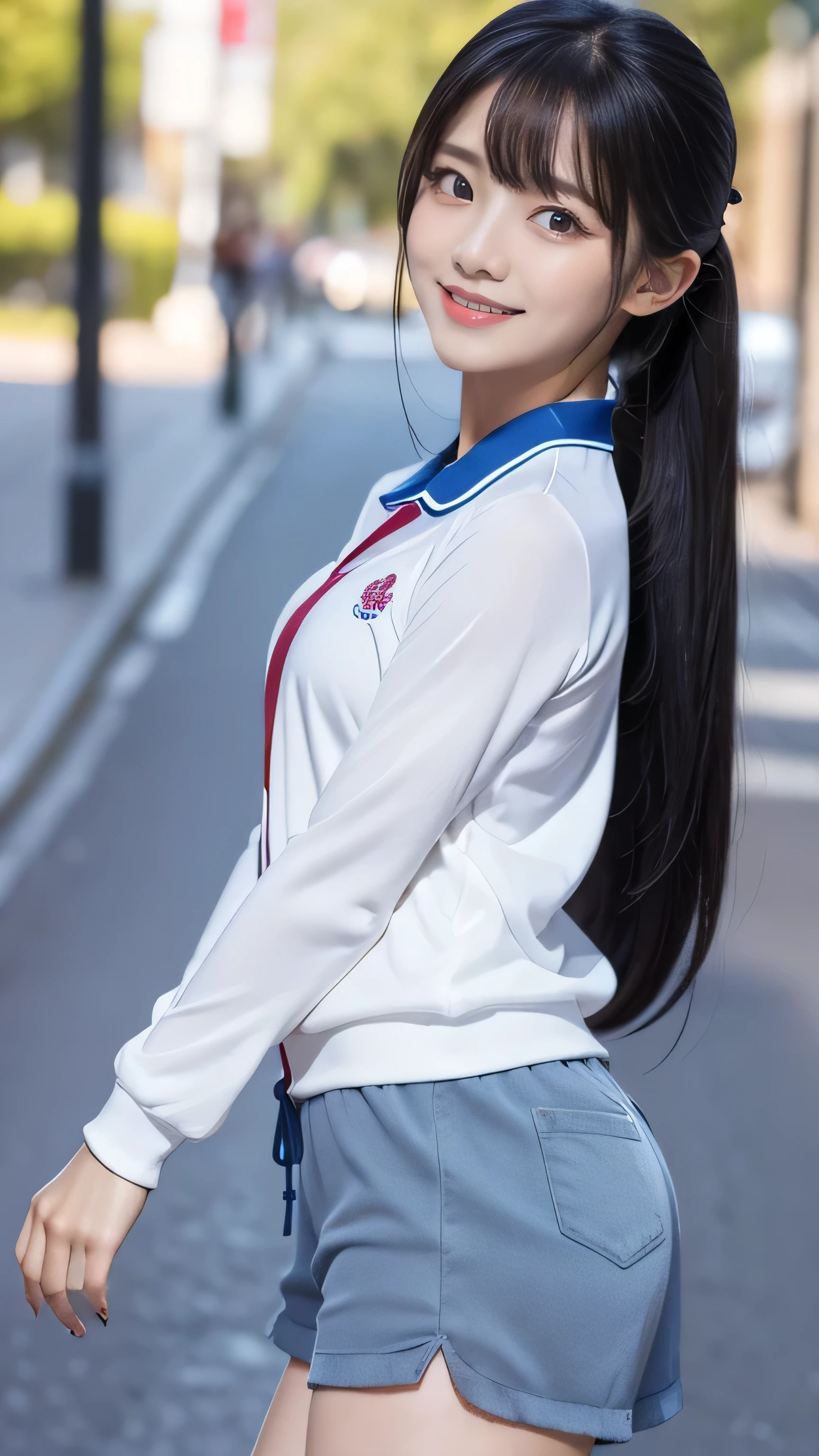 Create an ultra-realistic image of a 21-year-old Japanese woman named Kotone wearing a high school sports uniform. She has extremely long, perfectly straight black hair that flows down to her waist, with blunt bangs that cover her forehead. Her eyes are large, enchanting, and have double eyelids with sparkling black pupils, giving them a captivating and youthful appearance. Her face is delicate and innocent, with very thin eyebrows that frame her large, childlike eyes. Kotone's skin is smooth and flawless, resembling snow in its pure white color. She has a slender and well-proportioned body with a shapely bust size of 95 cm, a height of 158 cm, a weight of 43 kg, an ideal waist size of 58.46 cm, and an ideal hip size of 86.73 cm. Her complexion is flawless, without any wrinkles, and her natural makeup enhances her features subtly, maintaining a fresh and youthful look. She embodies a perfect balance of youthful charm and mature elegance, with a cute and innocent smile that adds warmth and affection to her appearance.
Kotone should be depicted wearing a high school sports uniform, consisting of a track jacket, shorts, and sneakers. Her long black hair should be tied back in a ponytail. Her pose should be energetic and active, with a cheerful and lively expression. The lighting should be soft and natural, focusing on her front and emphasizing the smoothness of her skin and the delicacy of her features, creating a sense of depth and realism. There should be no background, ensuring that every detail of her appearance and the uniform is highlighted.