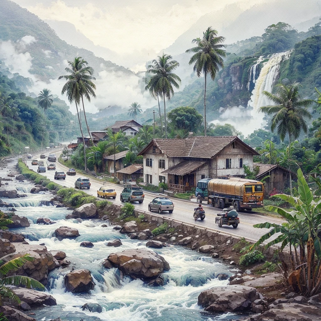 a rural view, highway in front of a house, Beside it there is a waterfall flowing fast, rocks, coconut tree, banana tree, lots of vehicles passing by, with a misty mountain background, impressionism.