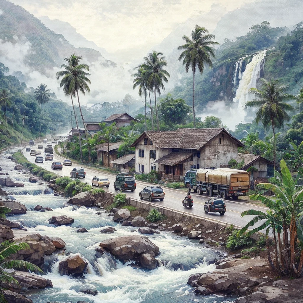 a rural view, highway in front of a house, Beside it there is a waterfall flowing fast, rocks, coconut tree, banana tree, lots of vehicles passing by, with a misty mountain background, impressionism.