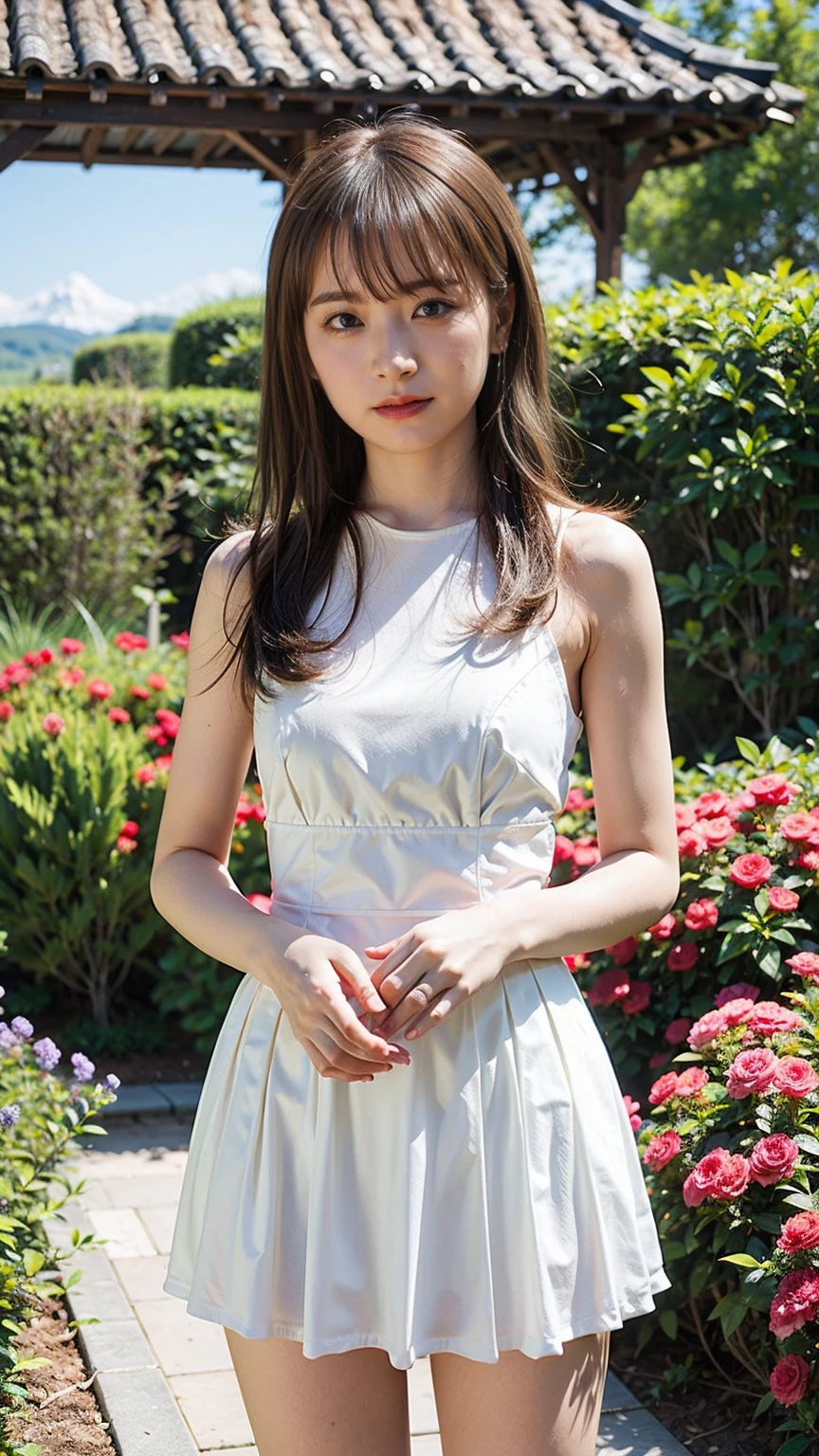 (8k、RAW Photos、Highest quality、masterpiece:1.2)、(Realistic、Realistic)、1 girl、((White Mini Skirt、one piece、See-through、Frilledium Hair、See through、ribbon、Accentuate your breasts、whole body、garden、View from the front、Looking into the camera、Stand with hands on hips))、