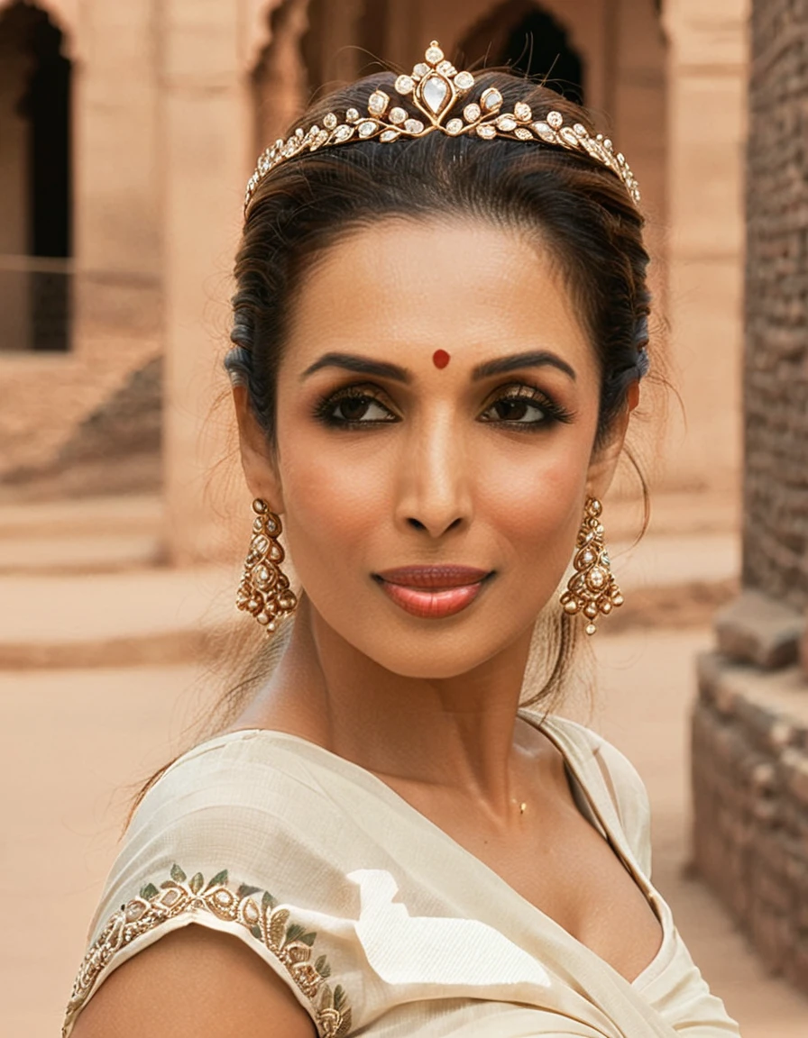 MalaikaArora,portrait, city,close up of a Elderly buxom (Girl:1.2) , Tiara, near Gwalior Fort, deep focus, L USM, CineColor, 8K, Concept Art World