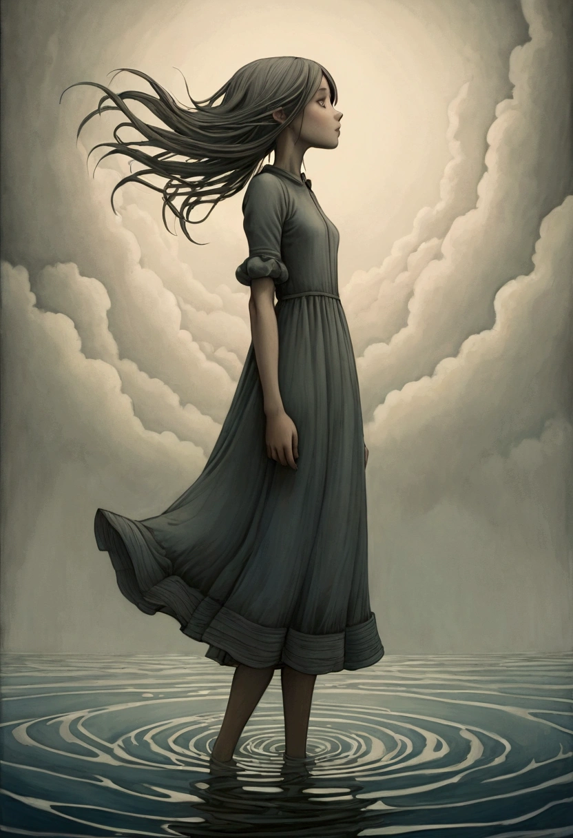 ((Inspired by John Kenn Mortensen)), Low Angle Shot, absurd, high resolution, Extremely detailed, (1 Girl:1.3), Hand Painted, Simple lines, Standing in the water, Flowing hair
