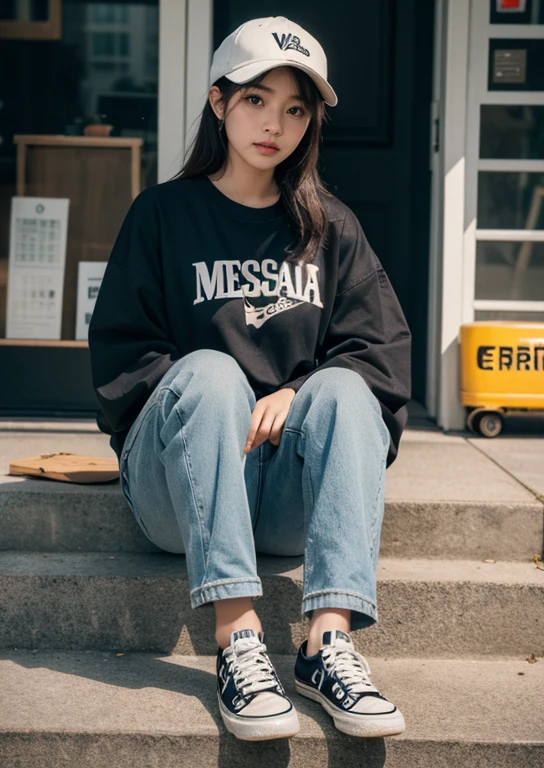 8K,Realistic photos、Realistic skin texture、A beautiful Japanese woman living in America.&He turned around and held a Wesson M442 revolver..、Dirty and torn too bigTshirt、baseball cap、Dirty high-top Vans sneakers、holding a skateboard in one hand、ฝนตกและshirtผ้าของคุณเปียก、busy city、face、ท่าKลื่อนไหว、Great composition、tattoo