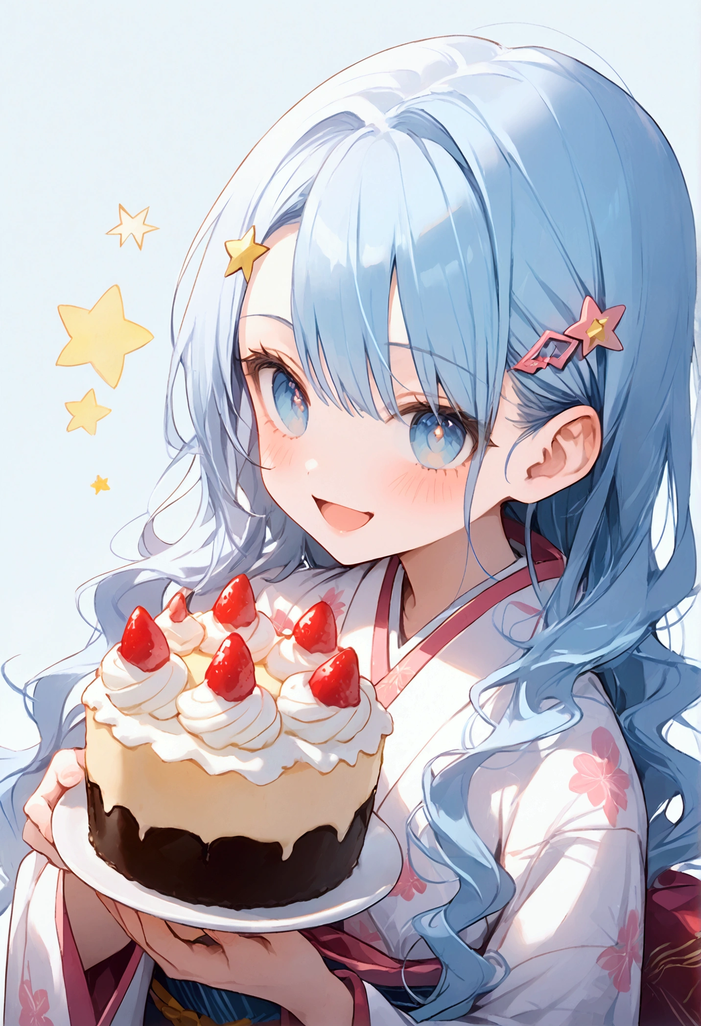 A conceptual art young woman with light blue hair, star-shaped hair clip, long hair. Her hair is long and straight, with playful, expressive strands that add movement and dynamism to the piece, feeding her viewers with a spoonful of cake, look at viewers. Her eyes are wide and sparkling, with detailed pupils that reflect the joy and excitement of her birthday. The blush on her cheeks is a soft pink, revealing her happiness and slight embarrassment at being the center of attention. She's holding a spoon with a pice cake, her excitement almost palpable. adhering to a high-quality Anime style, kimono, from the side. The piece should be in Ultra High Definition, with a resolution of 8K, making it a true masterpiece. Pay attention to anatomical correct(2), ensuring that the character's pose and proportions are accurate and believable. The skin should be textured, with high details that give a sense of realism to the Anime style. The final artwork should be of the best quality and extremely high-re, pov, anime, anime style, social media composition, UHD, masterpiece, accurate, anatomically correct, textured skin, super detail, high details, high quality, award winning, best quality, highres, 8k, smile, happines, emossion, exited, laugh, art sheet, conceptual art