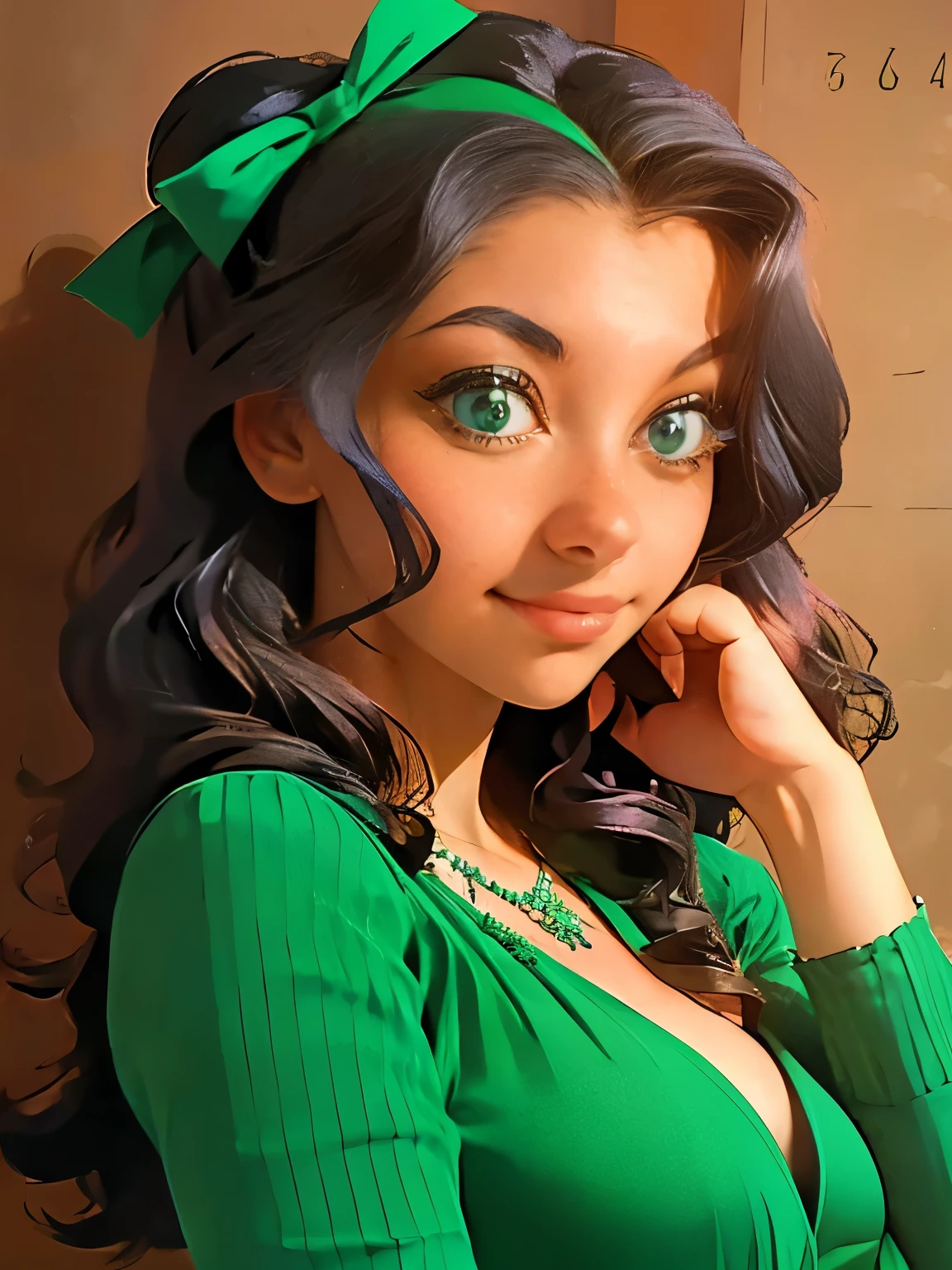 arafed woman in a green dress with a green bow, by Eliseu Visconti, 1 9 7 6, 1976, in a high renaissance style, 1 9 7 7, 1977, gregoire and manon, 1 9 7 3, 1973, 1971, 1 4 8 0 s