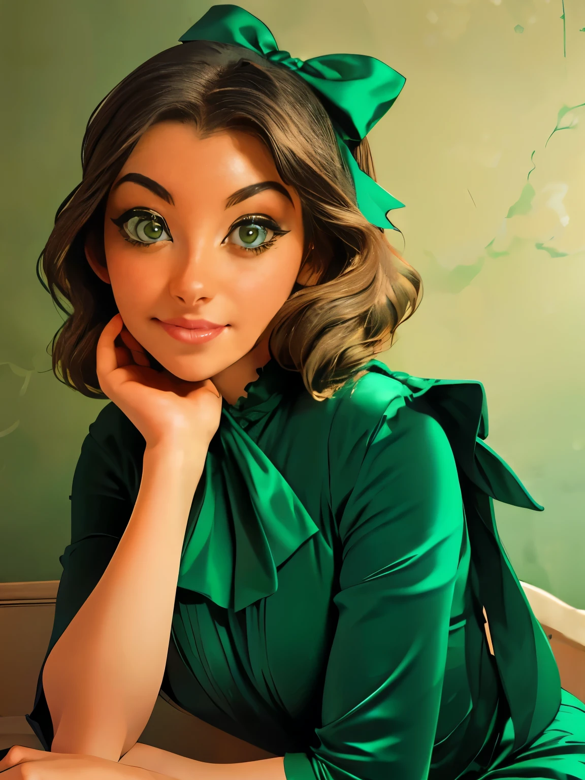 arafed woman in a green dress with a green bow, by Eliseu Visconti, 1 9 7 6, 1976, in a high renaissance style, 1 9 7 7, 1977, gregoire and manon, 1 9 7 3, 1973, 1971, 1 4 8 0 s