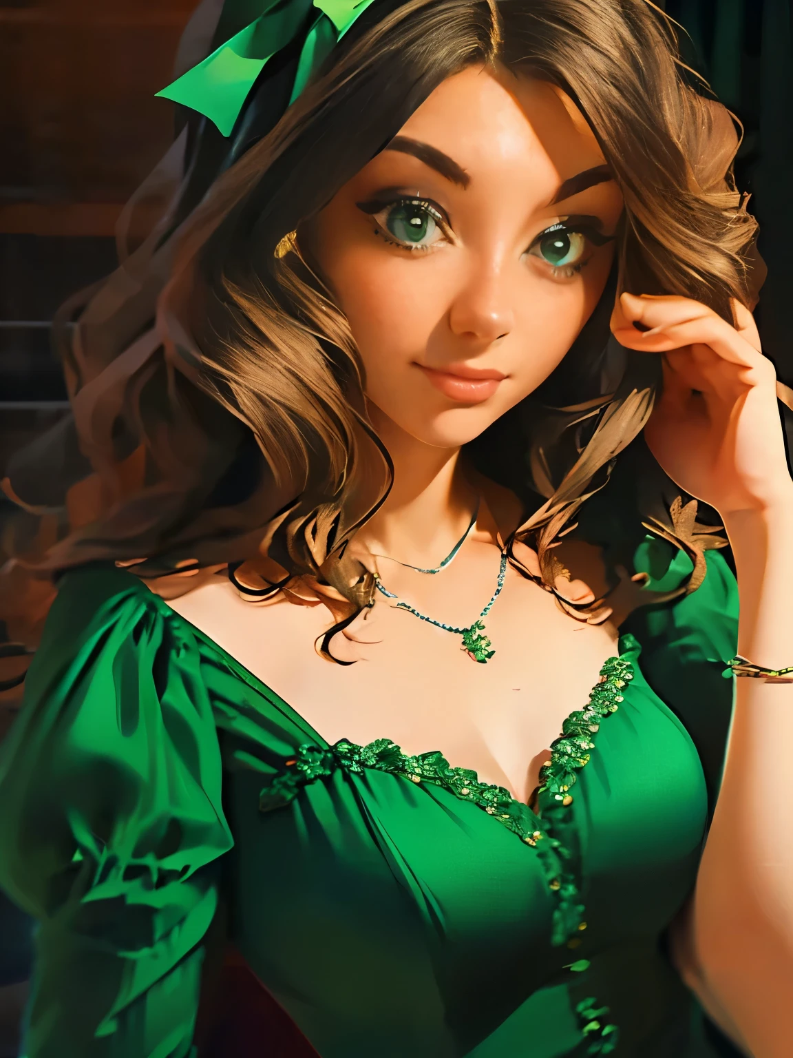 arafed woman in a green dress with a green bow, by Eliseu Visconti, 1 9 7 6, 1976, in a high renaissance style, 1 9 7 7, 1977, gregoire and manon, 1 9 7 3, 1973, 1971, 1 4 8 0 s