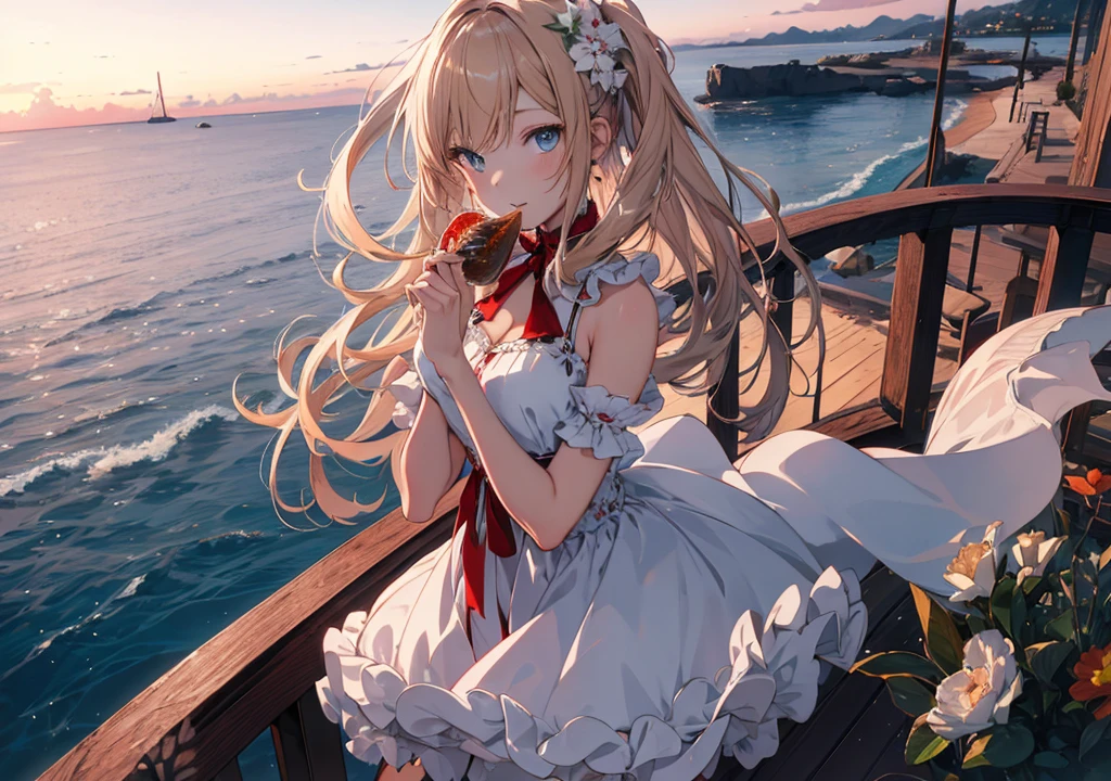 Realistic photos, Focus distance 10mm, Red and white, Beautiful girl, Realistic photos, Shooting at Focus distance 10mm, masterpiece, 最high quality, high quality, Very detailed CG 8k wallpaper unit, Award-winning photography, Depth of written boundary, High resolution, bloom, chromatic aberration, Realistic, Very detailed, Art Station Trends, CGsociety Trends, Complex, High detail, dramatic, Art on the go, volumetric lighting, Fish Course A beautiful girl in an elegant dress is enjoying a tasty fresh fish dish. A beautiful ocean view is in the background of a fine restaurant. The girl has long, straight blonde hair and sparkling blue eyes