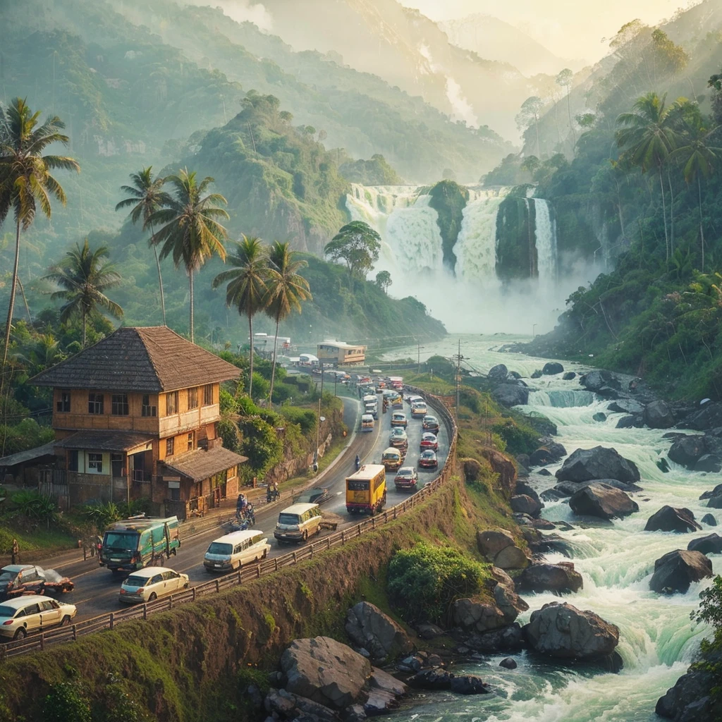 a rural view, highway in front of a house, Beside it there is a waterfall flowing fast, rocks, coconut tree, banana tree, lots of vehicles passing by, with a misty mountain background, impressionism.