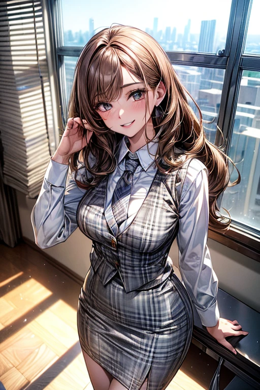 8K, (masterpiece, best quality:1.6), 1 lady, masterpiece, best quality, beautiful eyes, (Perfect Anatomy),
(light brown hair:1.2), medium hair, wavy hair: 1.5,
(detailed fabric texture, white long sleeve dress shirt, open chest:1.8, white and gray plaid vest: 1.2, black pencil skirt:1.2), carved tie, Office lady, Receptionist,
busty, sexy body, random model pose, standing,
(Bright smile),
face light, cinematic lighting, sharp focus,
(beautiful scenery), daytime, (Indoor, Modern office, White desk, White floor, white Venetian blinds), window cityscape,