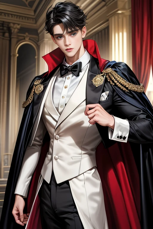 masterpiece, 最high quality, high quality, 1 boy, alone, Male focus, Watching the audience, Messy black hair, Adorable big blue eyes, White, Noble, Noble,A sexy, voluminous, puffy cape、tuxedo、A very voluminous, large, very large, very large, long, long red and black cape with a high stand-up collar, made of a lot of fabric that reaches down to the floor., ,Cute beautiful boys,Cute, cute, kind, handsome guy