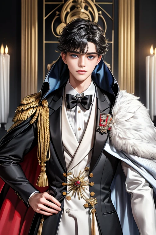 
masterpiece, 最high quality, high quality, 1 boy, alone, Male focus, Watching the audience,  Messy black hair, Adorable big blue eyes, White, Noble, Noble,A sexy, voluminous, puffy cape、tuxedo、A very voluminous, large, very large, very large, long, long red and black cape with a high stand-up collar, made of a lot of fabric that reaches down to the floor., 17 years old,Cute beautiful boys,Cute, cute, kind, handsome guy