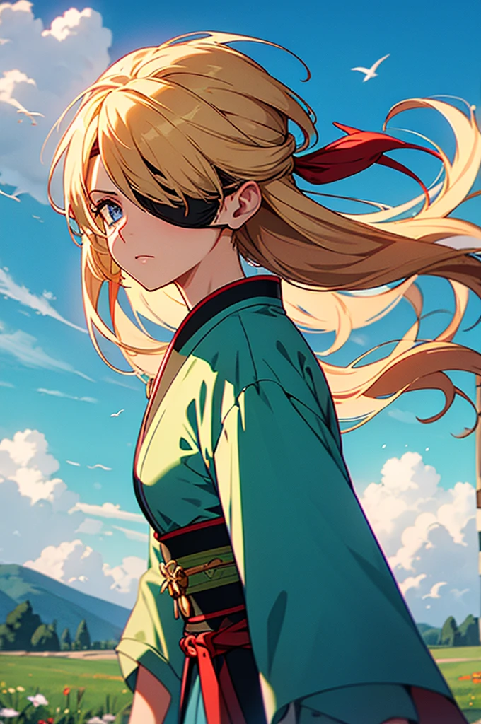 Woman, middle-age, skin fair, long hair, blond, flying in the wind, blue colored eyes, ((left eye patch)), serious look, kimono, red waist belt, green field on cloudy day