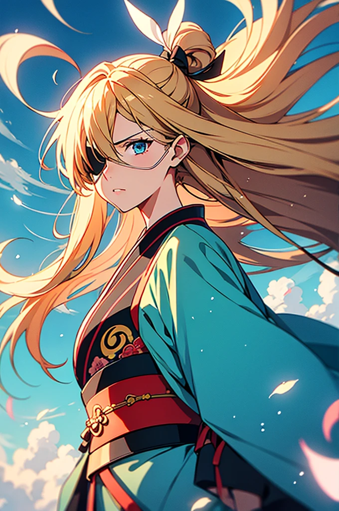Woman, middle-age, skin fair, long hair, blond, flying in the wind, blue colored eyes, ((left eye patch)), serious look, kimono, red waist belt, green field on cloudy day