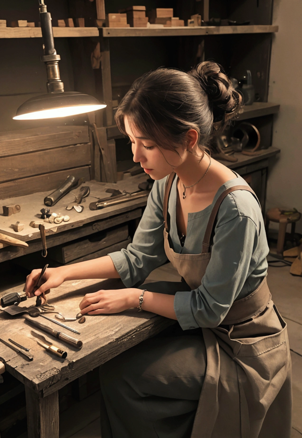 Create a high-quality, realistic image depicting a jewelry workshop in action. The scene should show a skilled artisan meticulously working on a piece of jewelry using precision tools. The workspace should be well-lit, with various tools and materials neatly arranged around the artisan. The background should include details that convey a professional and organized environment, such as workbenches, lighting equipment, and storage for materials. Emphasize the craftsmanship and attention to detail in the artisan's work.
