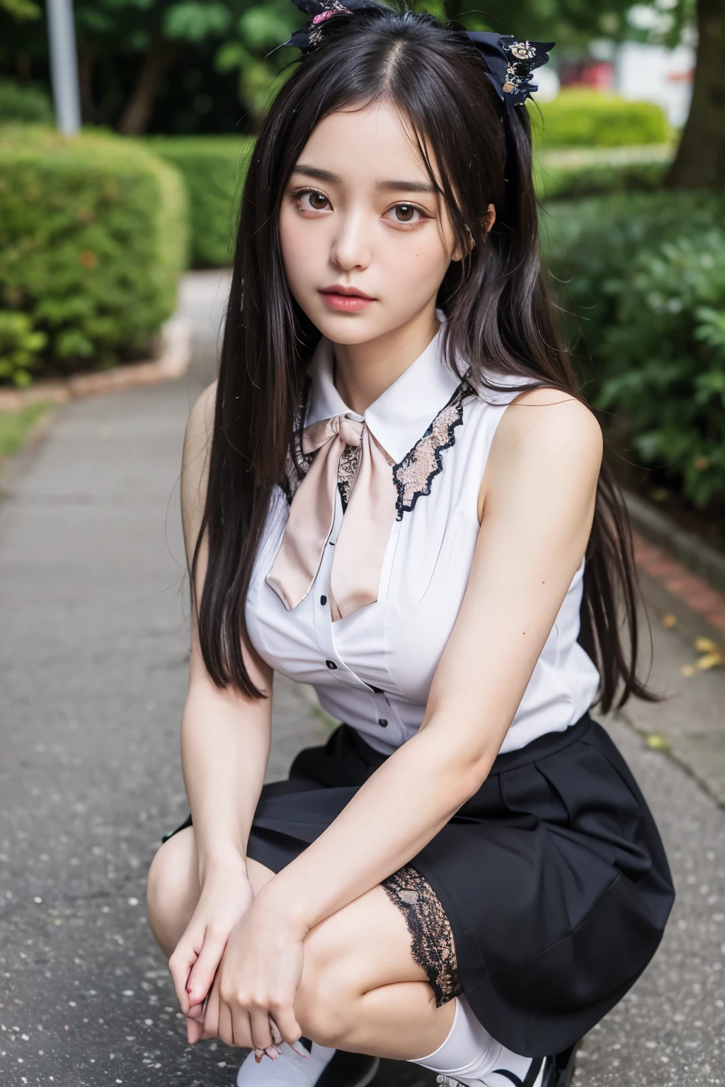 ((masterpiece)), ((best quality)), ((ultra-detailed)),((hyperrealistic)),(japanese cute girl),(shiny skin),1girl,(forehead),black hair,long hair,(black big eyes,tareme,droopy eyes),(small breasts),,dynamic angle,neat and clean,wearing a kawaii fashion outfit, outfit features a pink blouse with black lace trim and a large bow at the collar, The blouse is paired with a black high-waisted skirt with lace-up details, The person is also wearing black knee-high socks with lace tops, The overall look is cute and elegant,(squatting,spread legs,pussy line),
