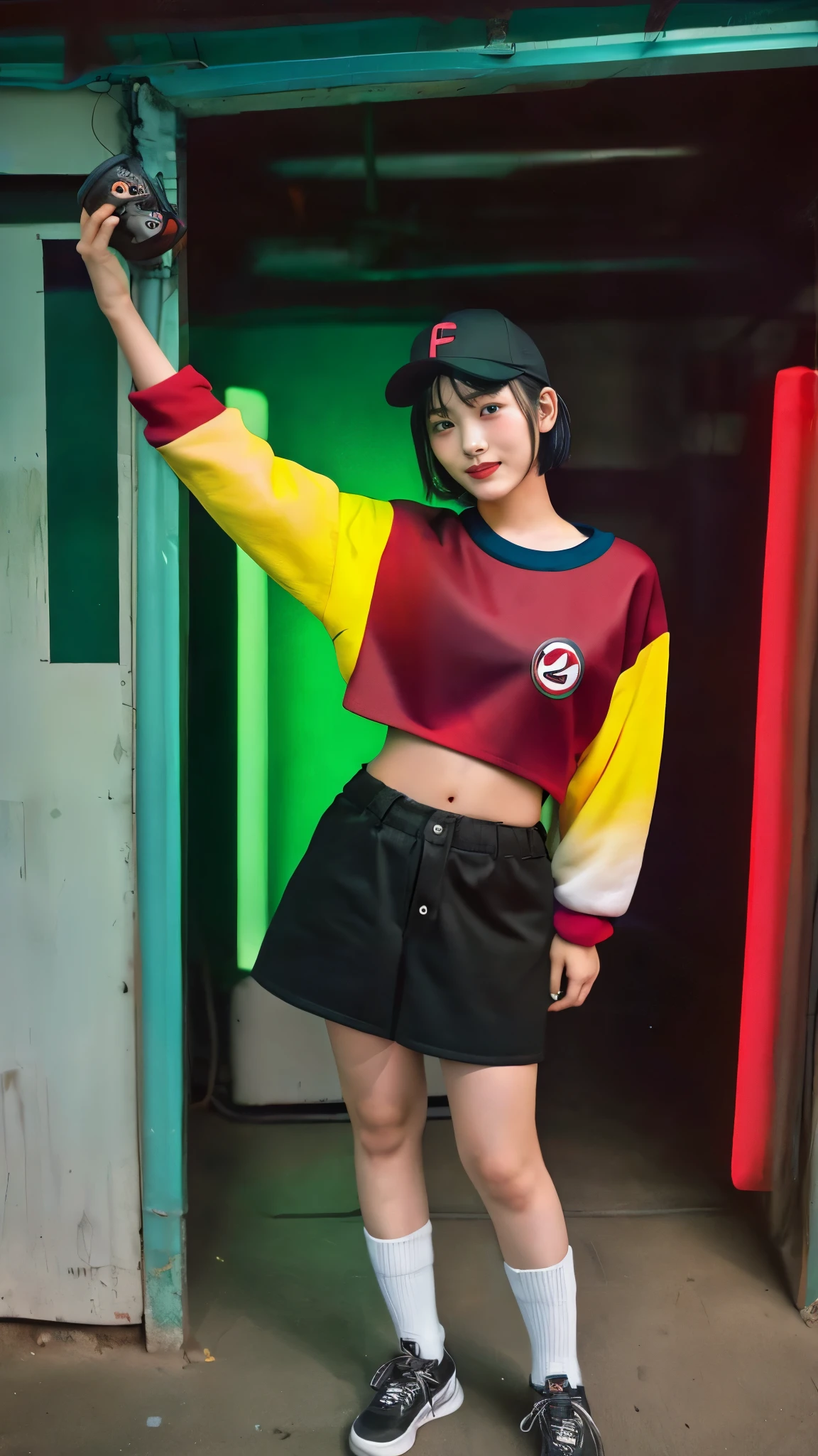 Moisturized skin, realistic body, (16 years old), (girl), earrings, (cute face), cheerful smile, 90s hip-hop outfit,
BREAK,
bright red lipstick, (black hair), beautiful hair, gradient hair, short hair,
BREAK,
(masterpiece, highest quality, high resolution, highly detailed), (full body: 1.2), symmetrical, one shot,
BREAK,
(wind blowing), European and American cityscape,
BREAK,
fantastic, dynamic, (selfie), (fisheye lens), neon, cyberpunk movie, selfie, in cyberpunk city, baseball cap,