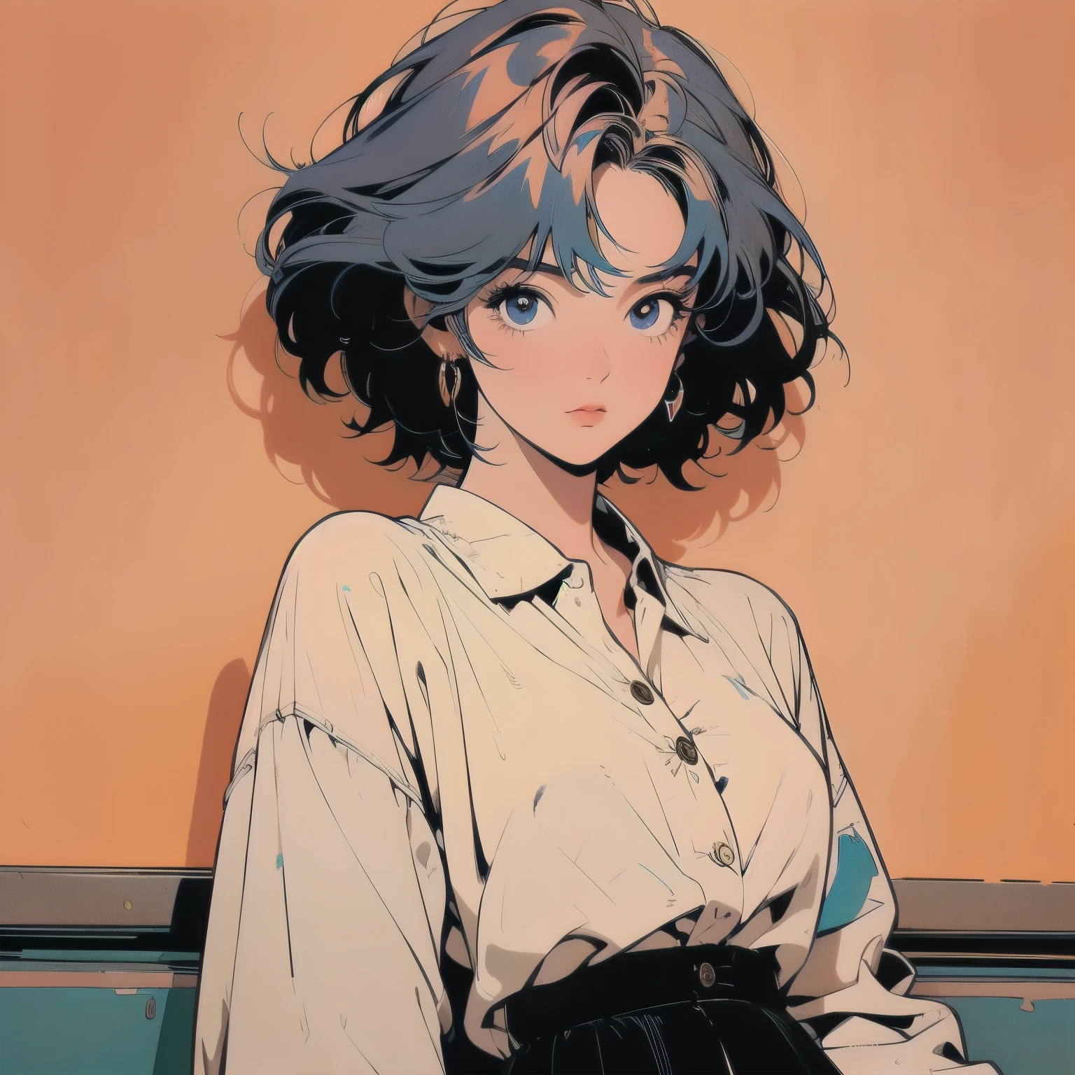 masterpiece, ultra high resolution, extremely detailed, 1 Girl, 32k, Full Length, Top, Messy Room, Apartment, One Girl, 4k, Calm expression, Warm Colors , Skirt, white Blouse, Faint Lighting, extremely detailed Hair, extremely detailed Perfect Face, 80's Fashion, Retro Colors, Top Quality, detailed Background, Complex Background, Sunset, Hair color mixed with various colors, (((Anime))), short hair