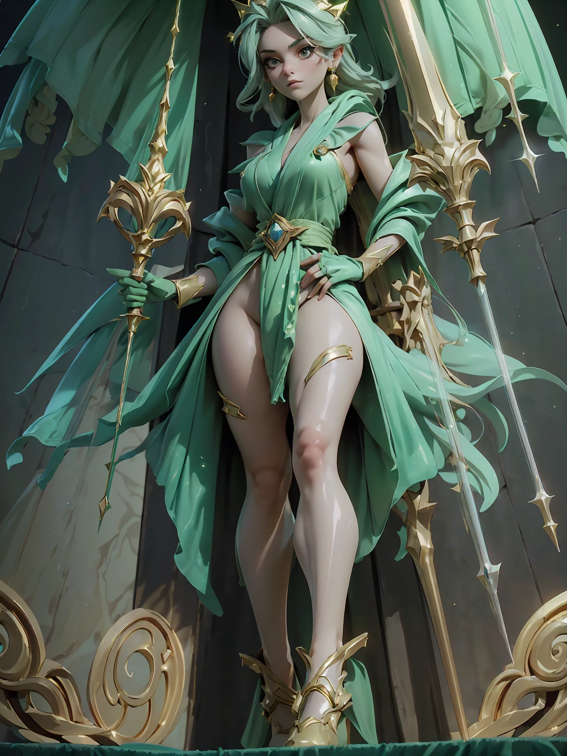 Design a layout showcase Gaming character, (1girl). Gold+Green clothes, royal and mystical, ((showcase weapon:1.4)), scepter, (masterpiece:1.2), (best quality), 4k, ultra-detailed, (Step by step design, layout art:1.5), (magical lighting, enchanted ambiance), queen, ((silk gloves)), (((revealing robes:1.3))), jeweled vambraces, high heels, (((full_body_shot:1.4)))