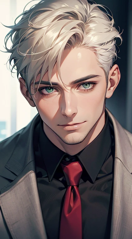 (Highest quality,4K,8K,High resolution,masterpiece:1.2),Super detailed,(Realistic,photoRealistic,photo-Realistic:1.37),1 person,34 years old,Mature Men,Beautiful skin、very handsome,Expressionless smile in love,Short white hair,green eyes,Sharp Eyes,A perfect face without a doubt,Businessman, CEO, Office Background,Cinema Lighting,HDR image,tie、