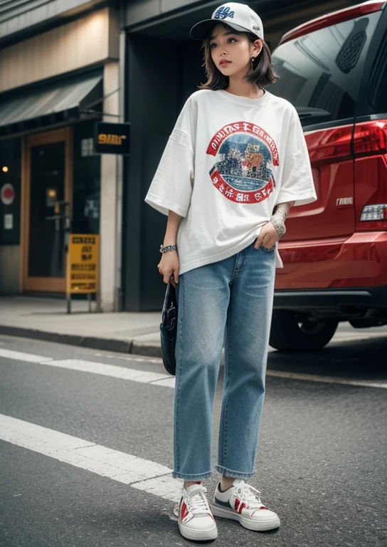 8K,Realistic photos、Realistic skin texture、A beautiful Japanese woman living in America.&He turned around and held a Wesson M442 revolver..、Dirty and torn too bigTshirt、baseball cap、Dirty high-top Vans sneakers、holding a skateboard in one hand、ฝนตกและshirtผ้าของคุณเปียก、busy city、face、ท่าKลื่อนไหว、Great composition、tattoo