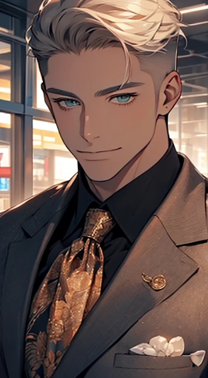 (Highest quality,4K,8K,High resolution,masterpiece:1.2),Super detailed,(Realistic,photoRealistic,photo-Realistic:1.37),1 person,34 years old,Mature Men,Beautiful skin、very handsome,Expressionless smile in love,Short white hair,green eyes,Sharp Eyes,A perfect face without a doubt,Businessman, CEO, Office Background,Cinema Lighting,HDR image,tie、