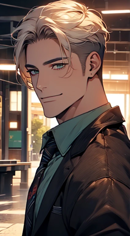 (Highest quality,4K,8K,High resolution,masterpiece:1.2),Super detailed,(Realistic,photoRealistic,photo-Realistic:1.37),1 person,34 years old,Mature Men,Beautiful skin、very handsome,Expressionless smile in love,Short white hair,green eyes,Sharp Eyes,A perfect face without a doubt,Businessman, CEO, Office Background,Cinema Lighting,HDR image,tie、