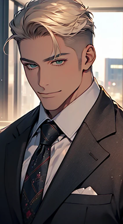 (Highest quality,4K,8K,High resolution,masterpiece:1.2),Super detailed,(Realistic,photoRealistic,photo-Realistic:1.37),1 person,34 years old,Mature Men,Beautiful skin、very handsome,Expressionless smile in love,Short white hair,green eyes,Sharp Eyes,A perfect face without a doubt,Businessman, CEO, Office Background,Cinema Lighting,HDR image,tie、