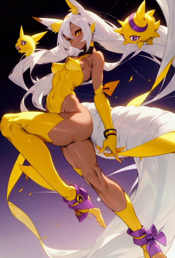 make me the character renamon from digimon but in a human version of this same one make him have details or characteristics of renamon like his ears and tail and also make a full body image make him have nice and firm breasts and a light skin tone too Make him a curvy, sexy body with medium thighs that are neither too big nor too small and white hair