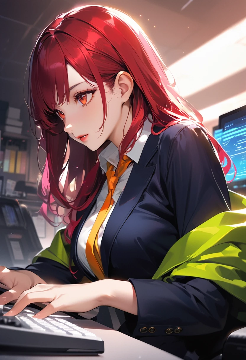 Digital Art,Semi-realistic、Anime style illustrations,High quality、Detailed Description、A woman in her twenties is typing in the office、Distinct colors、Glowing Skin