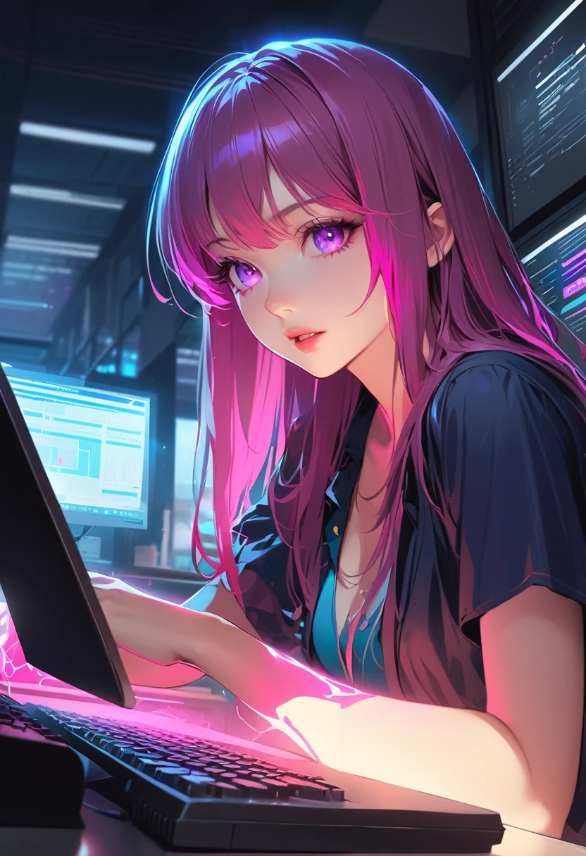 Digital Art,Semi-realistic、Anime style illustrations,High quality、Detailed Description、A woman in her twenties is typing in the office、Distinct colors、Glowing Skin


