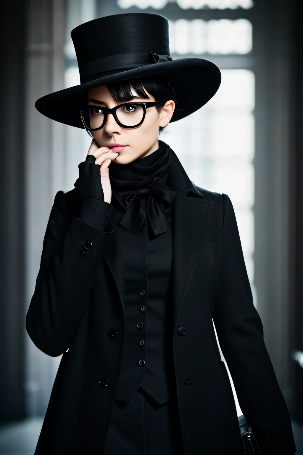 female version of sherlock, in black, white hair, bangss. black top hat and black glasses that cover the face so that it is not visible through the glasses! THE DETECTIVE GIRL NEEDS TO HAVE A BLACK MASK COVERING HER MOUTH!