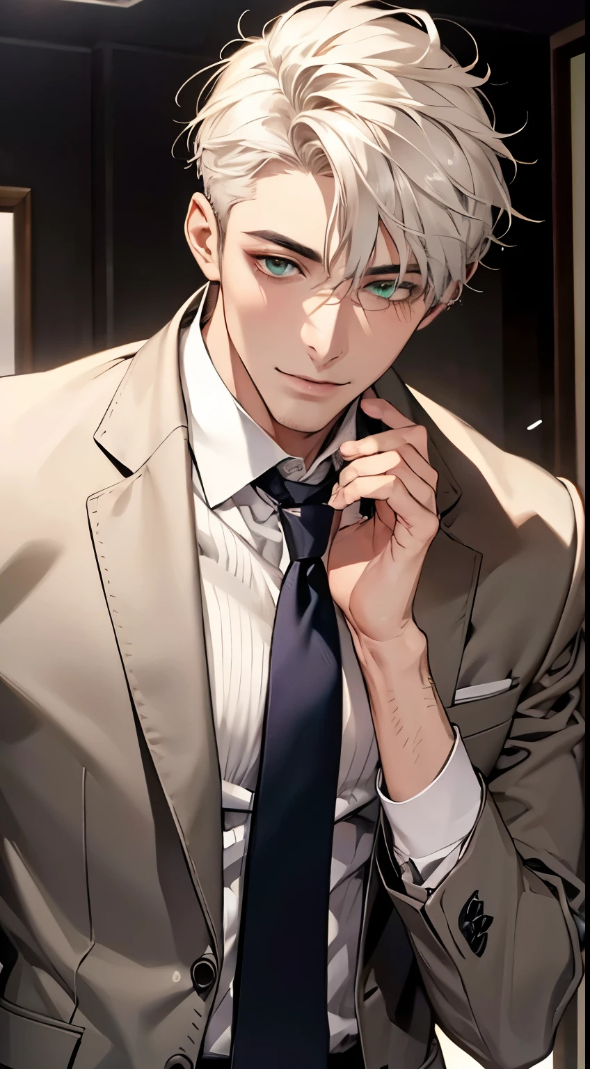 (Highest quality,4K,8K,High resolution,masterpiece:1.2),Super detailed,(Realistic,photoRealistic,photo-Realistic:1.37),1 person,34 years old,Mature Men,Beautiful skin、very handsome,Expressionless smile in love,Short white hair,green eyes,Sharp Eyes,A perfect face without a doubt,Businessman, CEO, Office Background,Cinema Lighting,HDR image,tie、