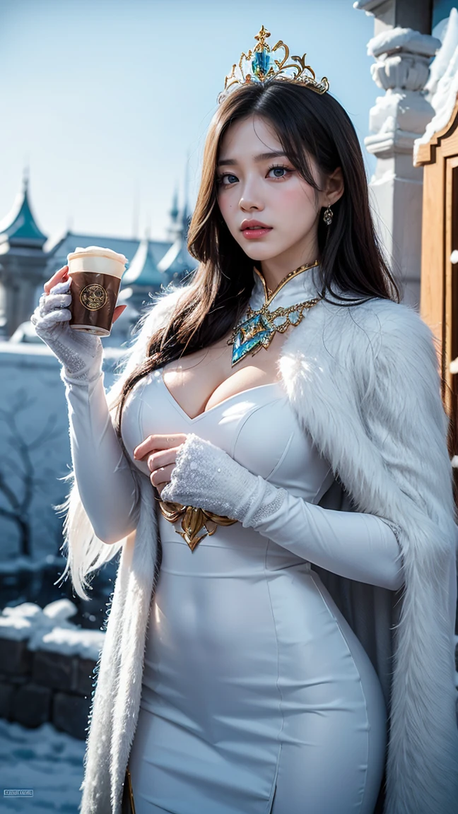 Illustrate Janna in her Frost Queen skin from League of Legends by Riot Games, adorned in an icy, regal outfit with frost-covered details and a crown, have massive k-cups, in a frozen palace with sparkling ice formations and a cold, wintry atmosphere.
