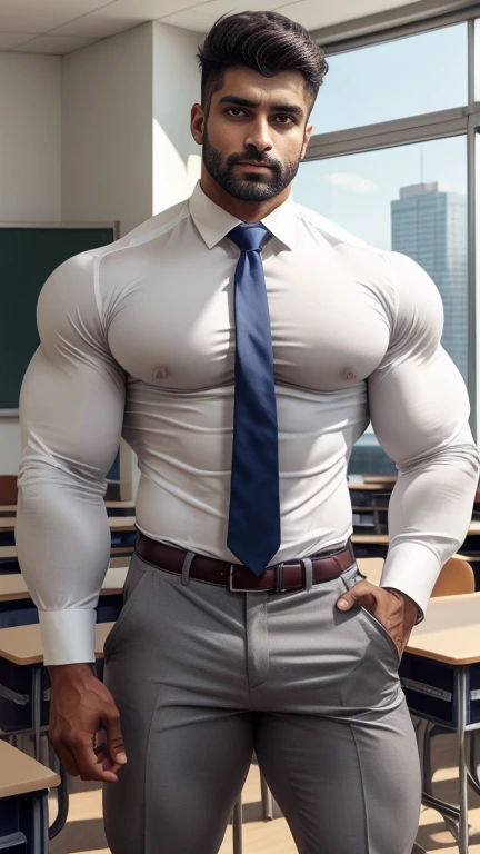 18 years old indian school boy with small beard mascular dark skin jaat with spiky hairstyle in , head to thighs, indian school boy, beautiful eyes, large lips, volumeric light, wearing opened white shirt with underwear and navy tie , huge bulge, muscular chest, long legs, left neck look, Wide shoulders, nice detailed hands, standing in school classroom wirh spread legs background, sunny day, daylight, His perfect( big huge penis) is (coming out) of his pant,masterpieces