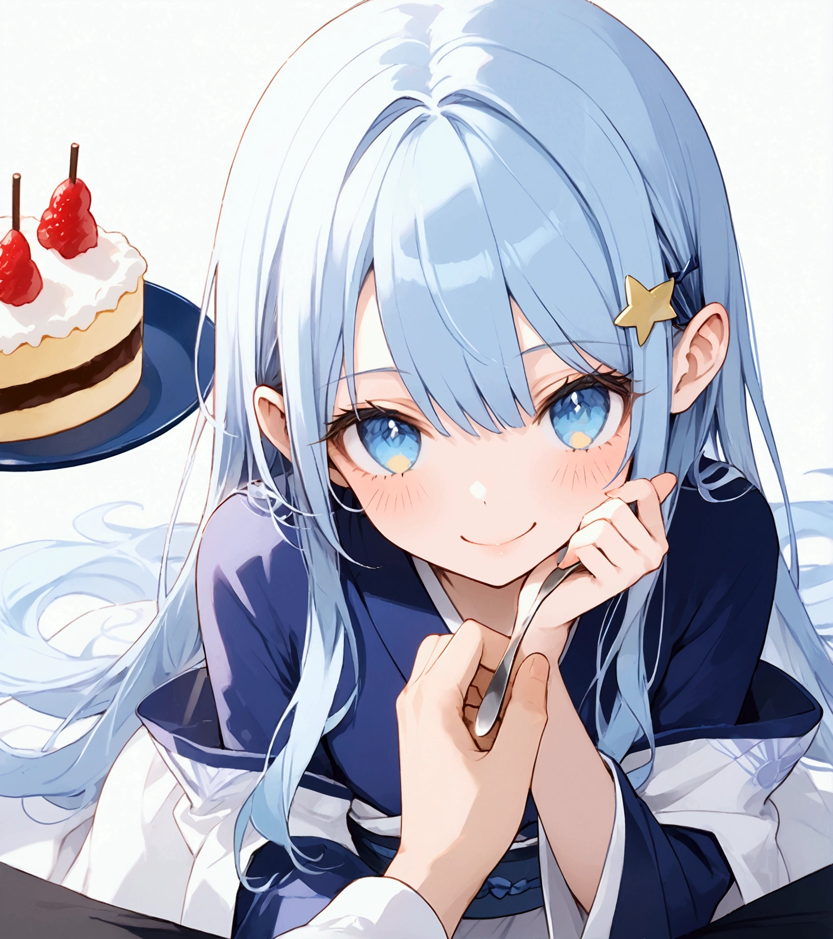 A conceptual art young woman with light blue hair, star-shaped hair clip, long hair. Her hair is long and straight, with playful, expressive strands that add movement and dynamism to the piece, feeding her viewers with a spoonful of cake, look at viewers. Her eyes are wide and sparkling, with detailed pupils that reflect the joy and excitement of her birthday. The blush on her cheeks is a soft pink, revealing her happiness and slight embarrassment at being the center of attention. She's holding a spoon with a pice cake, her excitement almost palpable. adhering to a high-quality Anime style, kimono, from the side. The piece should be in Ultra High Definition, with a resolution of 8K, making it a true masterpiece. Pay attention to anatomical correct(2), ensuring that the character's pose and proportions are accurate and believable. The skin should be textured, with high details that give a sense of realism to the Anime style. The final artwork should be of the best quality and extremely high-re, pov, anime, anime style, social media composition, UHD, masterpiece, accurate, anatomically correct, textured skin, super detail, high details, high quality, award winning, best quality, highres, 8k, smile, happines, emossion, exited, laugh, art sheet, conceptual art