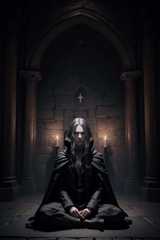 create the image of a mysterious wizard, medieval style, wearing a black cloak with scarlet tones and elements of tarot and necromancy in the dungeon-like environment. the magician must be in a meditation position (sitting with legs crossed) and the letters spread out in front of you. His hair is gray and a shadow covers part of his face, keeping it hidden