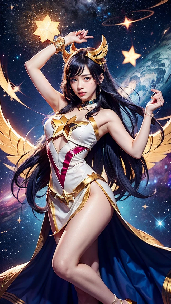 Depict Janna in her Star Guardian skin from League of Legends by Riot Games, dressed in a vibrant, magical girl outfit with star-themed accessories, have massive k-cups, in a cosmic realm filled with twinkling stars and celestial light.