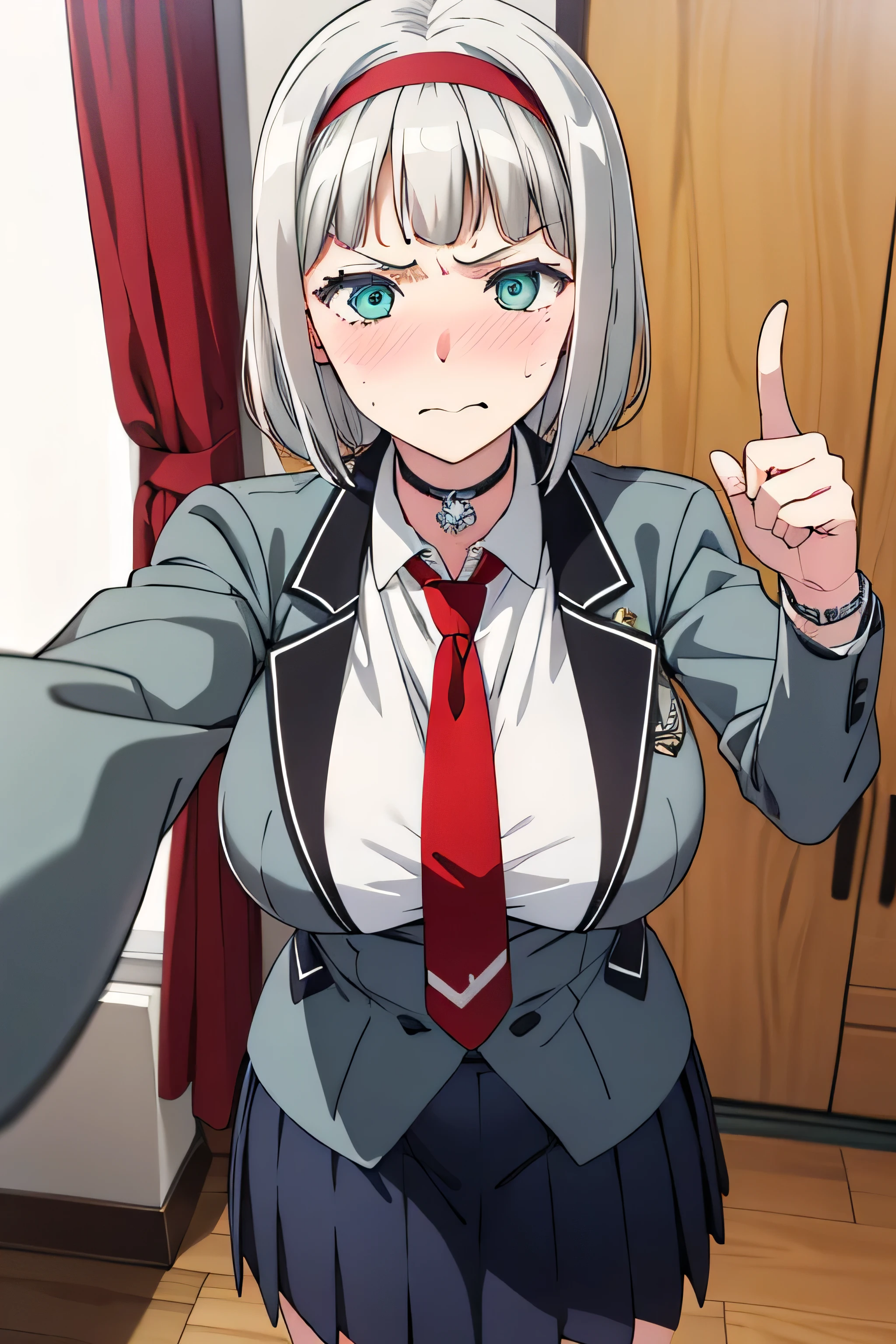 (masterpiece, best quality, ultra-detailed), AnnaNishikinomiya, white hair, aqua eyes, short hair, hairband, choker, large breasts, room, grey jacket, white shirt, red necktie, blue skirt, jacket close, large skirt, standing, angry, blushing, pov, looking at the camera, pouting, pointing finger at camera,