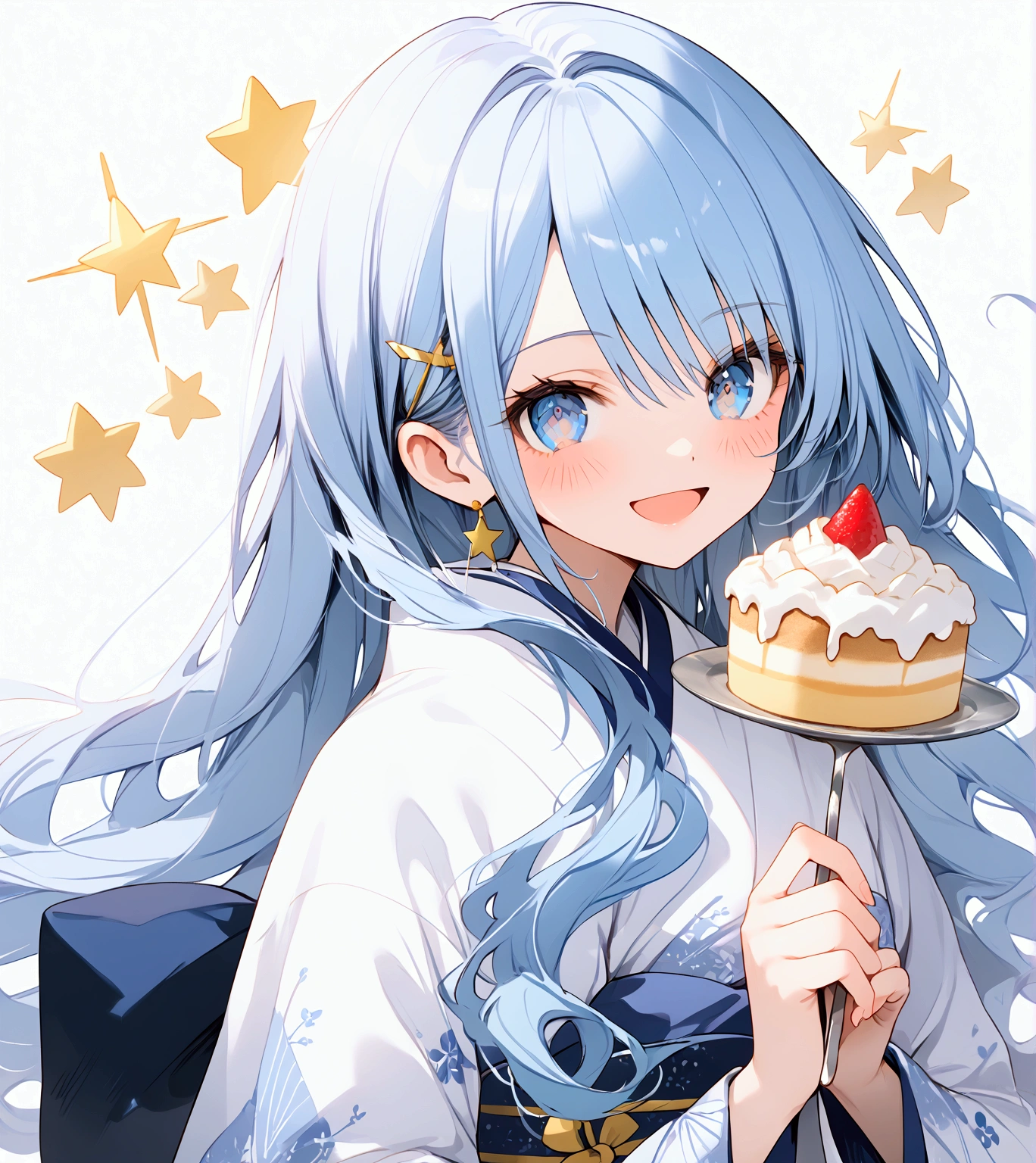 A conceptual art young woman with light blue hair, star-shaped hair clip, long hair. Her hair is long and straight, with playful, expressive strands that add movement and dynamism to the piece, feeding her viewers with a spoonful of cake, look at viewers. Her eyes are wide and sparkling, with detailed pupils that reflect the joy and excitement of her birthday. The blush on her cheeks is a soft pink, revealing her happiness and slight embarrassment at being the center of attention. She's holding a spoon with a pice cake, her excitement almost palpable. adhering to a high-quality Anime style, kimono, from the side. The piece should be in Ultra High Definition, with a resolution of 8K, making it a true masterpiece. Pay attention to anatomical correct(2), ensuring that the character's pose and proportions are accurate and believable. The skin should be textured, with high details that give a sense of realism to the Anime style. The final artwork should be of the best quality and extremely high-re, pov, anime, anime style, social media composition, UHD, masterpiece, accurate, anatomically correct, textured skin, super detail, high details, high quality, award winning, best quality, highres, 8k, smile, happines, emossion, exited, laugh, art sheet, conceptual art