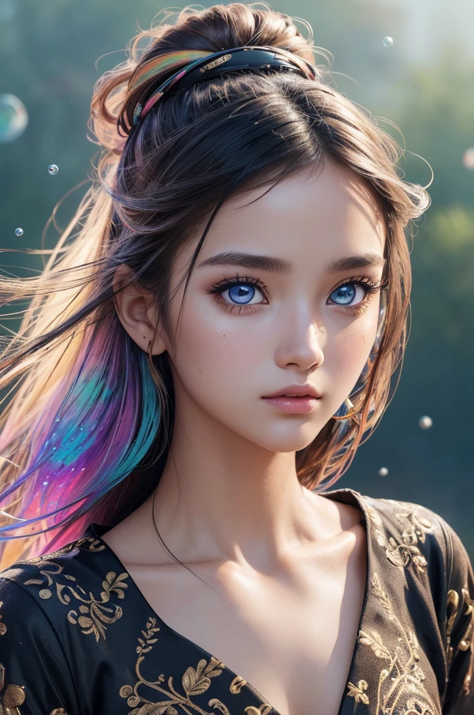 (masterpiece), (Best quality), (Ultra detailed),(dirty hair),(illustration), (1 girl), avatar, macro lens, (fashion clothes), standing,Model, I look at the viewer, ( interview), (simple background), beautiful detailed eyes, Exquisite beauty, floating, (high saturation), (colorful splashes), colorful bubble, (brilliant), Focus on the face,