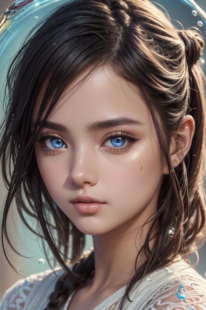 (masterpiece), (Best quality), (Ultra detailed),(dirty hair),(illustration), (1 girl), avatar, macro lens, (fashion clothes), standing,Model, I look at the viewer, ( interview), (simple background), beautiful detailed eyes, Exquisite beauty, floating, (high saturation), (colorful splashes), colorful bubble, (brilliant), Focus on the face,