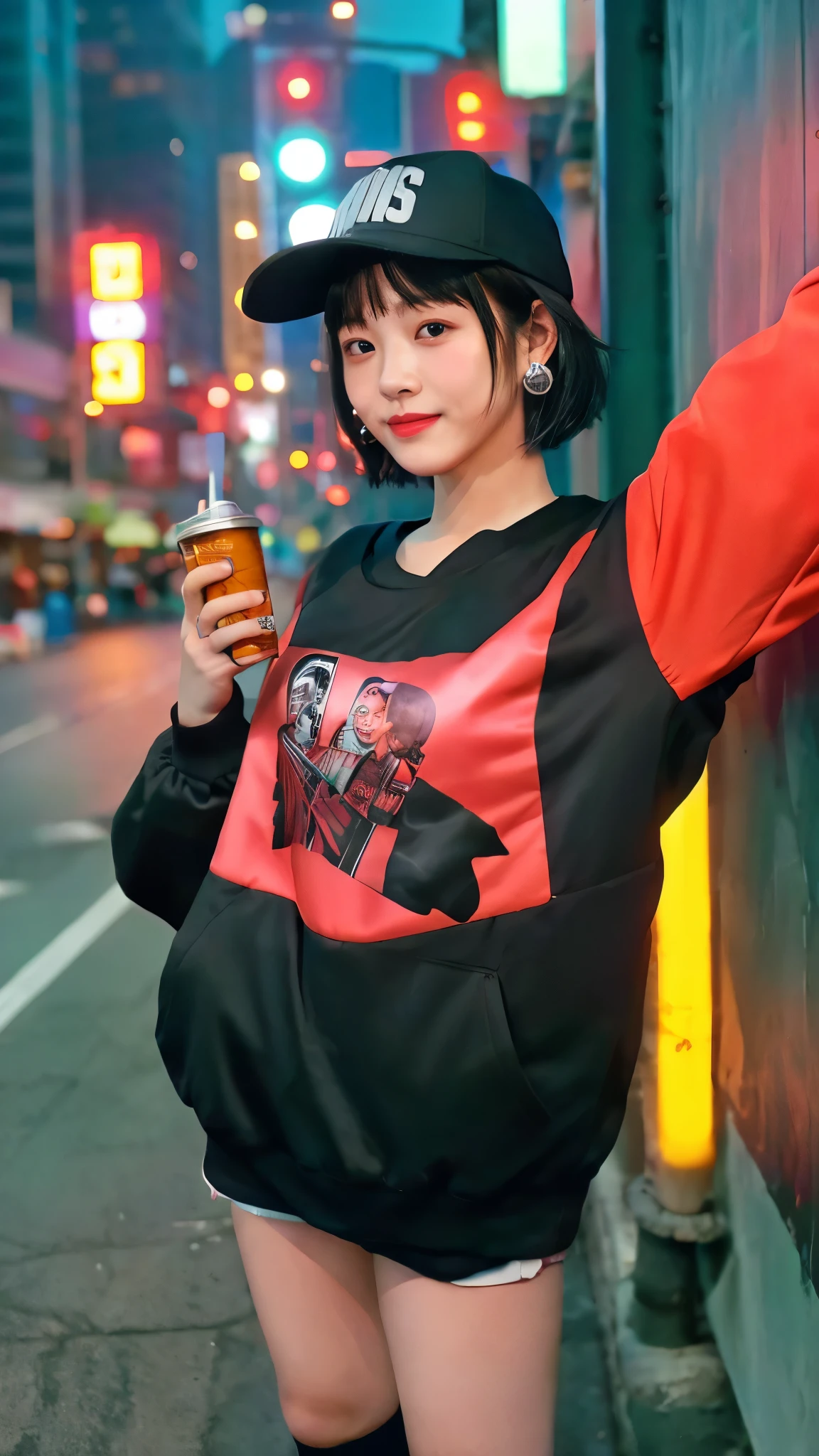 Moisturized skin, realistic body, (), (girl), earrings, (cute face), cheerful smile, 90s hip-hop outfit,
BREAK,
bright red lipstick, (black hair), beautiful hair, gradient hair, short hair,
BREAK,
(masterpiece, highest quality, high resolution, highly detailed), (full body: 1.2), symmetrical, one shot,
BREAK,
(wind blowing), European and American cityscape,
BREAK,
fantastic, dynamic, (selfie), (fisheye lens), neon, cyberpunk movie, selfie, in cyberpunk city, baseball cap,