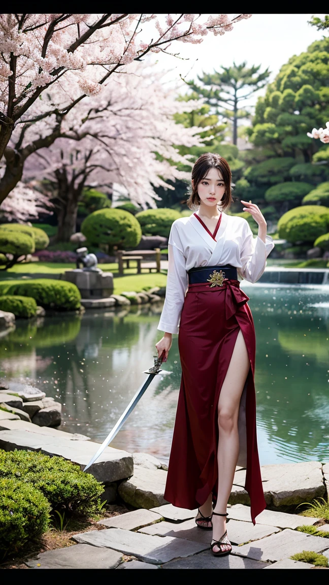 Depict Janna in her Sacred Sword skin from League of Legends by Riot Games, wearing an elegant, samurai-inspired outfit with flowing fabrics and a mystical sword, have massive k-cups, in a tranquil, Japanese garden with cherry blossoms and serene ponds.