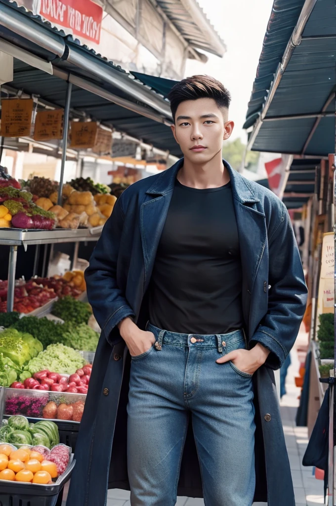 Handsome young man, (have a mustache:1) ,(buzz cut:1.1), (short hair:1.2), The forearms are muscular., (Denim coat:1.5), (black shirt:1.5),Jeans, Big muscles, Handsome and muscular, full body angle, (outdoor market:1.3), natural light