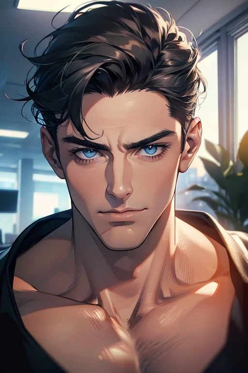 (Best Quality,4k,8k,high resolution,Masterpiece:1.2),ultra detailed,(realist,photorealist,photo-realist:1.37),1 man,31 years,mature man,very handsome,without expresion,muscled body,short gray black hair,Blue eyes,glare,perfect face without mistakes,imposing posture,businessman,office background,cinematic lighting,imagen HDR